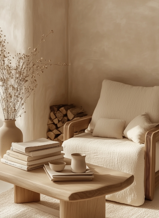 Ein gemütlicher, beiger Sessel ist zu sehen, der Ruhe und Ausgeglichenheit symbolisiert, was Ziele eines Gesundheitscoachings sind